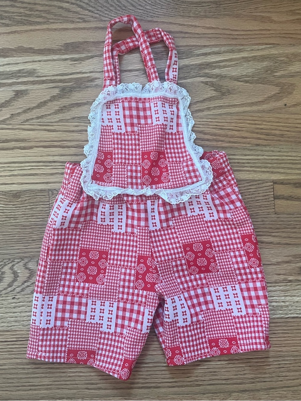 Vintage Handmade Red Patchwork Print Kids Overalls with Lace Trim Sz 12-18 Mos